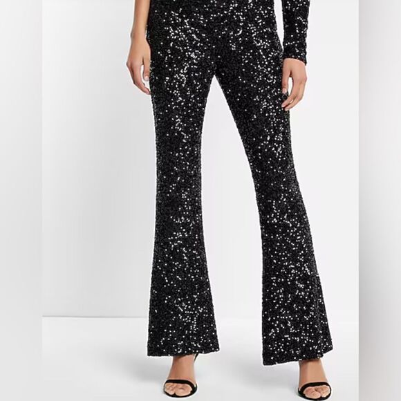 Express Black Sequin flare pants super high rise nwt size xl - Picture 1 of 9